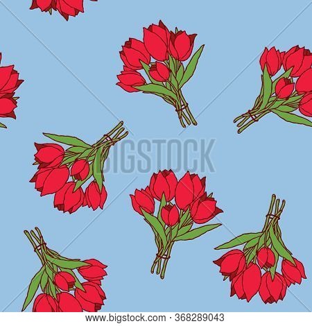 Vector Seamless Pattern With Flower Tulips Of Red, Purple, Blue And Green Colors. Cartoon Illustrati