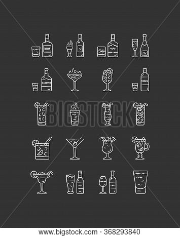 Drinks Chalk Icons Set. Alcohol Menu Card. Beverages For Cocktails. Whiskey, Rum, Wine, Martini, Mar