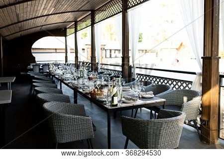 Birthday Banguet Served Wooden Table Outdoor Restaurant