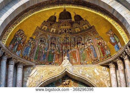 St Mark`s Basilica Close-up, Venice, Italy. It Is Top Landmark In Venice. Beautiful Golden Mosaic Po