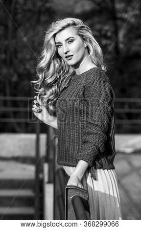 I Would Stay Here Forever. Girl Long Blond Hair City Walk. Autumn Woman Curly Hair. Female Beauty. G
