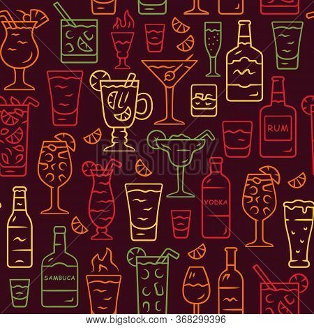 Drinks Vector Seamless Pattern. Alcohol Beverages Background. Brown Texture With Hand Drawn Color Ic