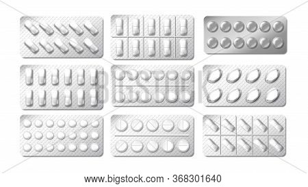 Realistic 3d Drugs Blister Packaging. Medicine Painkiller Pills Pack. Illustration Of Chemical Table