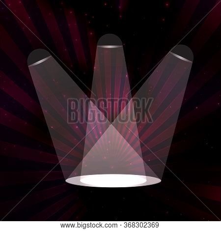 The Light In A Dark Room. Three Light Sources Illuminate The Floor. Spotlights Shining Background. V