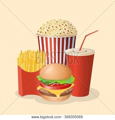 Burger With Soda Cup, Popcorn And French Fries - Cute Cartoon Colored Picture. Graphic Design Elemen