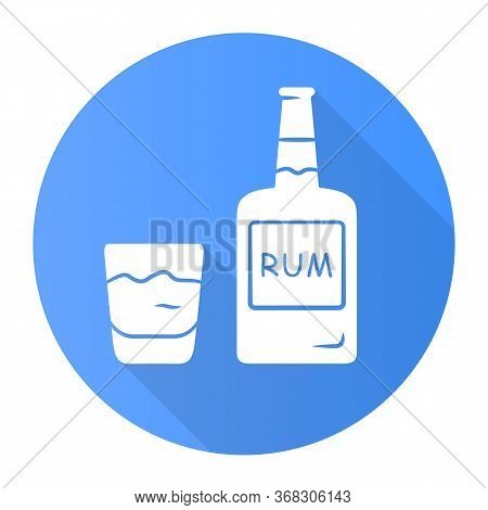 Rum Blue Flat Design Long Shadow Glyph Icon. Bottle And Old-fashioned Glass With Alcoholic Drink. Al