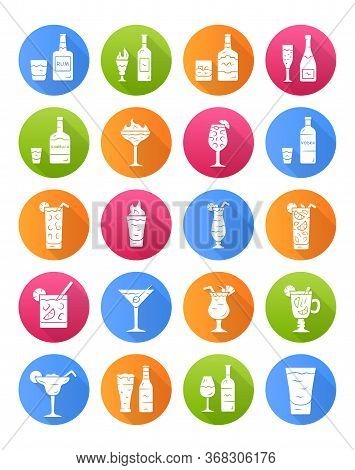 Drinks Flat Design Long Shadow Glyph Icons Set. Alcohol Menu Card. Beverages For Cocktails. Whiskey,