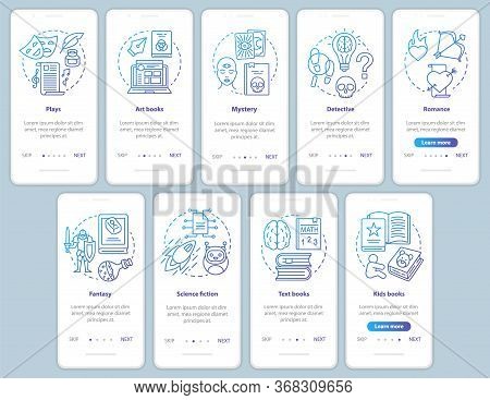 Books Catalogue Onboarding Mobile App Page Screen With Linear Concepts. Different Book Genres Walkth