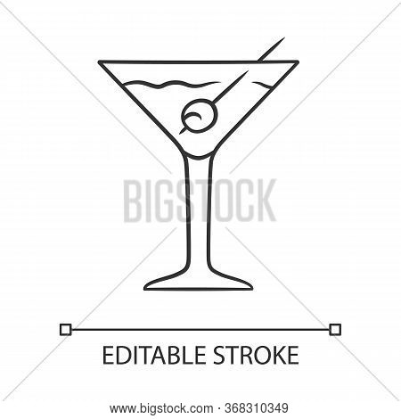 Martini Linear Icon. Footed Glass With Drink And Olive. Cocktail With Gin, Vermouth. Tumbler With Mi