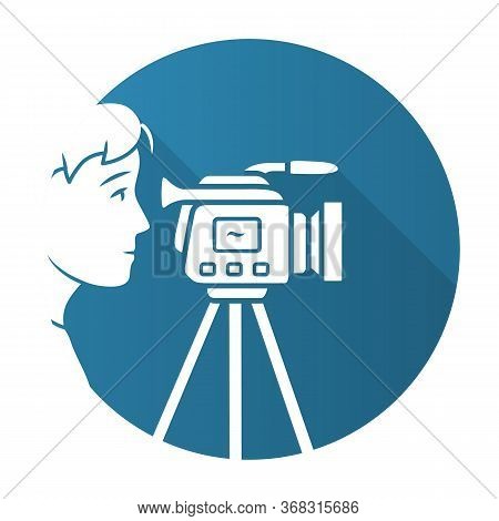 Cameraman Blue Flat Design Long Shadow Glyph Icon. Videorecording, Filming. Videographer, Operator W