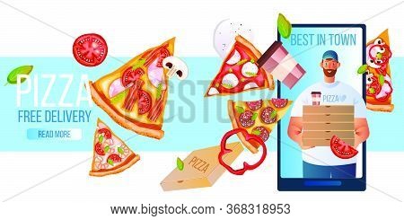 Free Pizza Delivery Concept With Realistic Slices, Smartphone Screen, Courier, Boxes. Order Online B