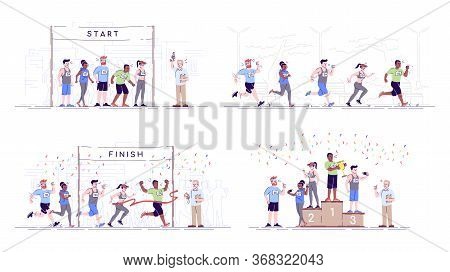 Marathon Flat Vector Illustrations Set. Competition Stages. Endurance Contest. City Running Champion