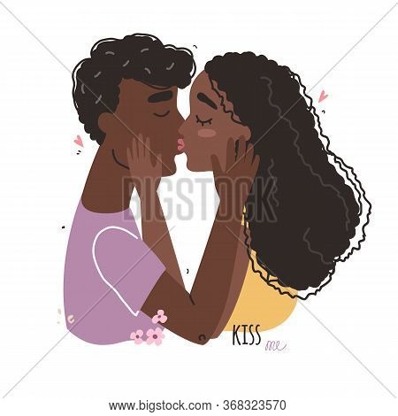 World Kissing Day. Romantic Black African American Couple In Love Kissing.