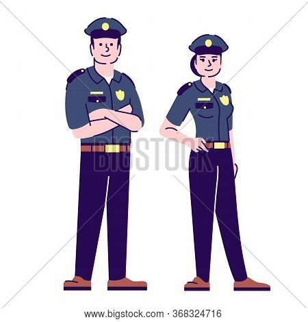 Policeman And Policewoman Flat Vector Characters. Police Officers, Cop In Uniform Cartoon Illustrati