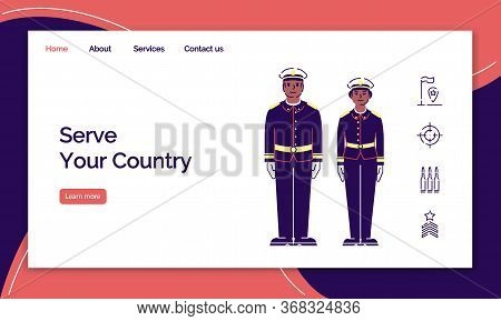 Army Service Landing Page Vector Template. Us Soldiers Website Interface Idea With Flat Illustration