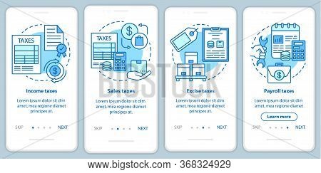 Us Taxes Types Blue Onboarding Mobile App Page Screen With Linear Concepts. Income, Sales, Payroll T