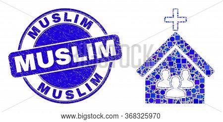 Geometric Church People Mosaic Pictogram And Muslim Seal Stamp. Blue Vector Rounded Textured Seal St