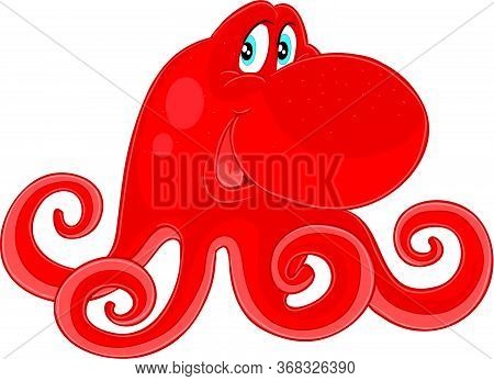 Cute Red Octopus With Big Eyes, Cartoon Illustration, Isolated Object On A White Background, Vector 