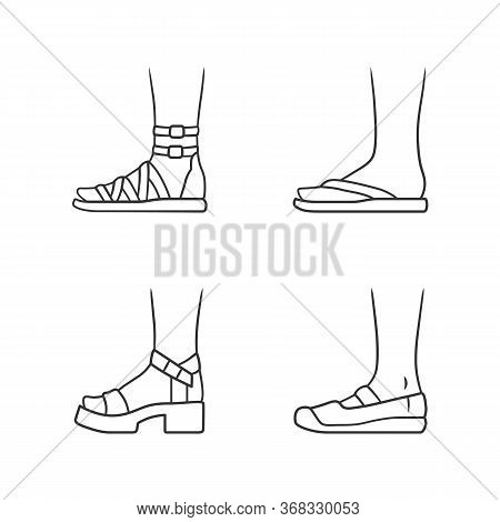 Women Summer Shoes Linear Icons Set. Female Elegant Formal And Casual Footwear. Gladiator Sandals, P