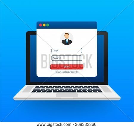 Sign In To Account, User Authorization, Login Authentication Page Concept. Laptop With Login And Pas