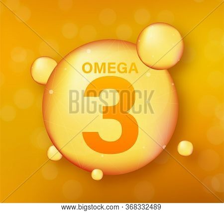 Omega 3 Gold Icon. Vitamin Drop Pill Capsule. Shining Golden Essence Droplet. Vector Illustration.
