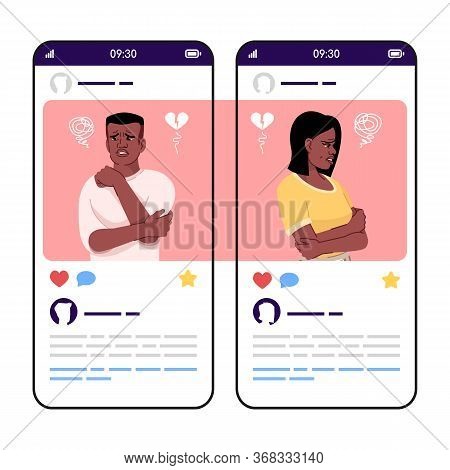 Broken Love Social Media Posts Smartphone App Screen. Mobile Phone Displays With Cartoon Characters 