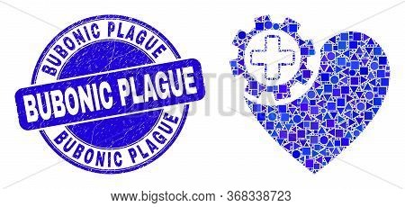 Geometric Heart Gear Mosaic Pictogram And Bubonic Plague Stamp. Blue Vector Rounded Grunge Stamp Wit