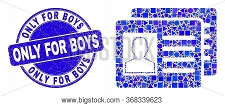 Geometric User Id Cards Mosaic Icon And Only For Boys Watermark. Blue Vector Round Scratched Waterma