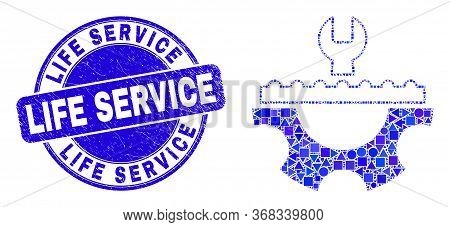 Geometric Plumbery Service Mosaic Pictogram And Life Service Stamp. Blue Vector Round Distress Seal 
