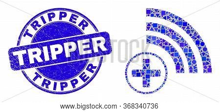 Geometric Medical Source Mosaic Pictogram And Tripper Seal Stamp. Blue Vector Round Grunge Seal Stam