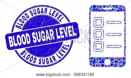 Geometric Mobile Test Items Mosaic Icon And Blood Sugar Level Seal Stamp. Blue Vector Round Distress