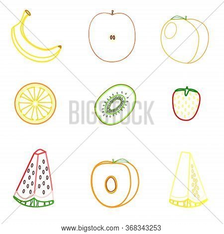 Flat Fruits Isolated. Food Icon Set On White Background. Fresh Natural Kivi. Sweet Fruit.