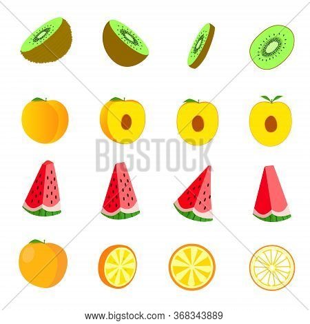 Flat Fruits Isolated. Food Icon Set On White Background. Fresh Natural Kivi, Orange, Watermelon, Pea
