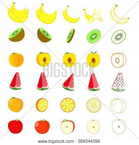 Flat Fruits Isolated. Food Icon Set On White Background. Fresh Natural Kivi, Orange, Apple, Watermel
