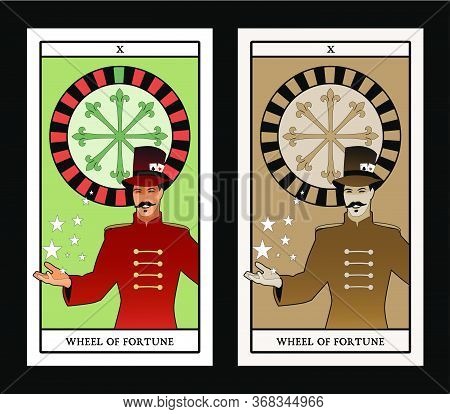 Major Arcana Tarot Cards. The Wheel Of Fortune. Master Of Ceremonies With Mustache, Wearing Top Hat 