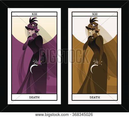 Major Arcana Tarot Cards. Death. Woman Dressed In Veils And Ancient Widow Clothes Carrying A Sickle 