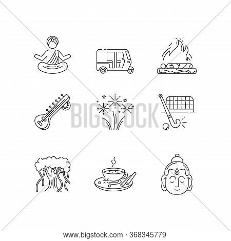 Indian Customs Pixel Perfect Linear Icons Set. Sitar Instrument. Yoga. Hindu Funeral. Banyan Tree. C