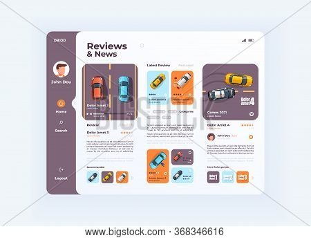 Car Reviews And News Tablet Interface Vector Template. Mobile App Page Day Mode Design Layout. User 
