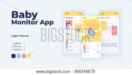 Baby Surveillance Cartoon Smartphone Interface Vector Templates Set. Mobile App Screen Page Day Mode