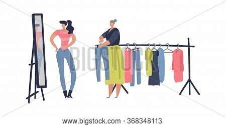 Flea Market. Woman Shopping Stuff And Second Clothes At Street Shop, Vector Clothing Bazaar Flat Mar