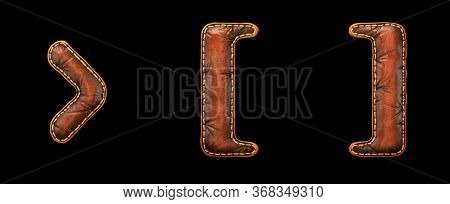 Set of symbols right angle bracket, left and right bracket made of leather. 3D render font with skin texture isolated on black background. 3d rendering
