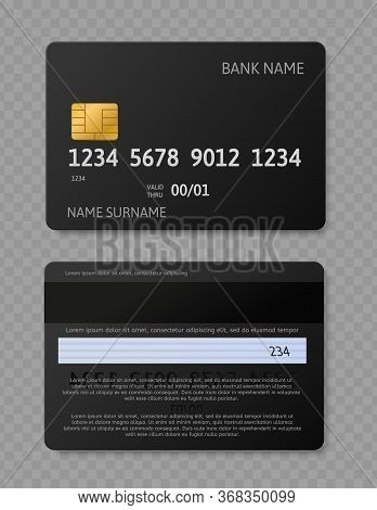 Black Credit Card. Realistic Credit Debit Cards With Chip, Front And Back Side Mockup For Bank Trans