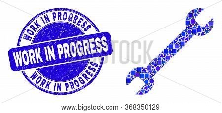 Geometric Settings Gear Mosaic Icon And Work In Progress Stamp. Blue Vector Round Grunge Seal Stamp 