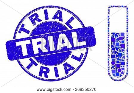 Geometric Test-tube Mosaic Icon And Trial Seal Stamp. Blue Vector Rounded Distress Seal Stamp With T
