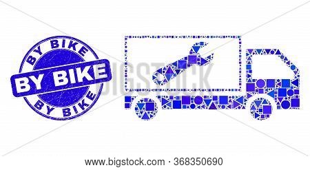 Geometric Repair Lorry Mosaic Pictogram And By Bike Seal. Blue Vector Round Textured Seal Stamp With