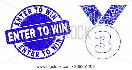 Geometric Third Medal Mosaic Icon And Enter To Win Seal Stamp. Blue Vector Rounded Scratched Seal Wi