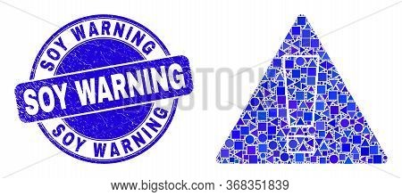 Geometric Warning Mosaic Icon And Soy Warning Seal Stamp. Blue Vector Round Scratched Seal Stamp Wit