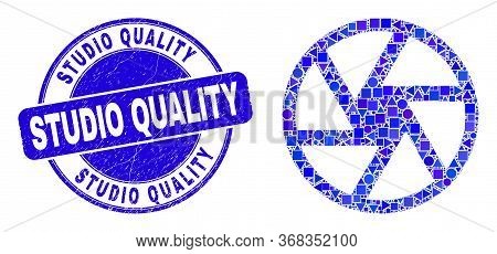 Geometric Shutter Mosaic Icon And Studio Quality Seal Stamp. Blue Vector Round Textured Seal With St