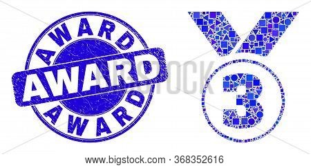 Geometric Third Place Award Mosaic Icon And Award Seal Stamp. Blue Vector Round Scratched Stamp With
