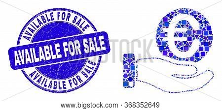 Geometric Hand Offfer Euro Coin Mosaic Pictogram And Available For Sale Seal. Blue Vector Rounded Gr